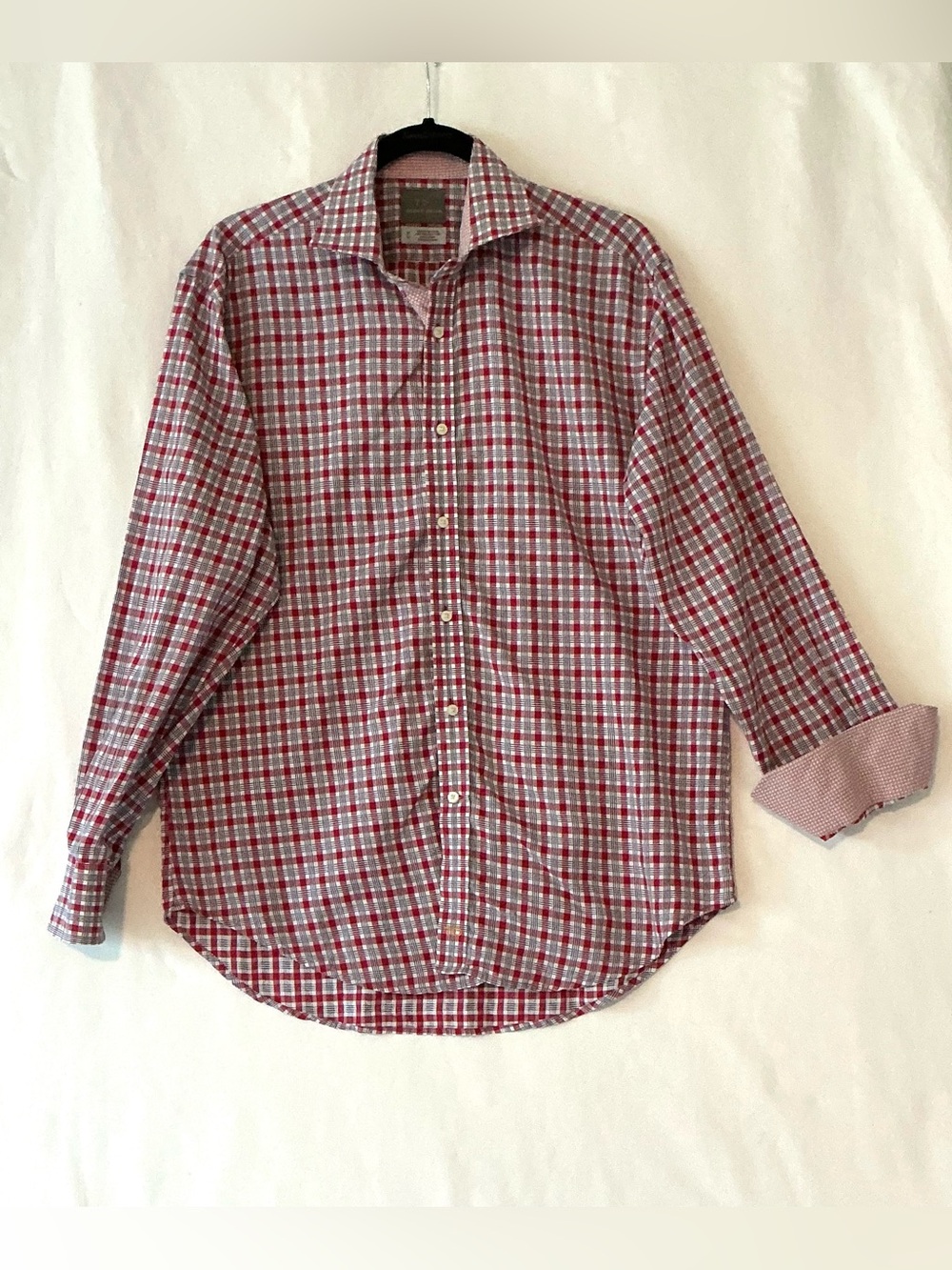 Thomas Dean Sport Men’s SzM Button Down Shirt Red/Blue Plaid Contrast Cuff/Neck